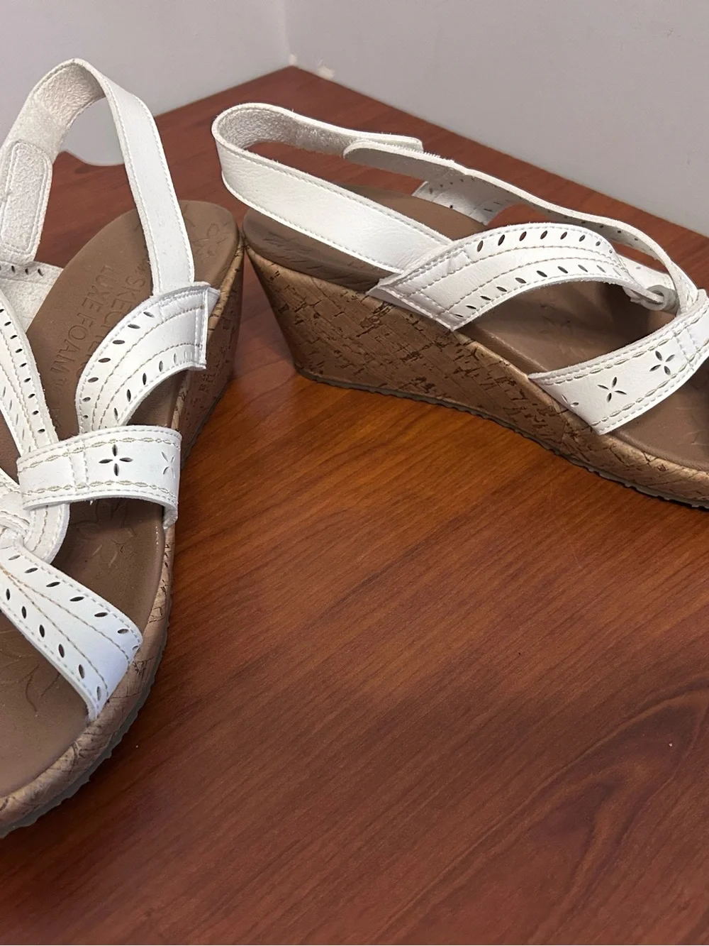Skechers White Slingback Wedge Sandals with Cork-Look Heel